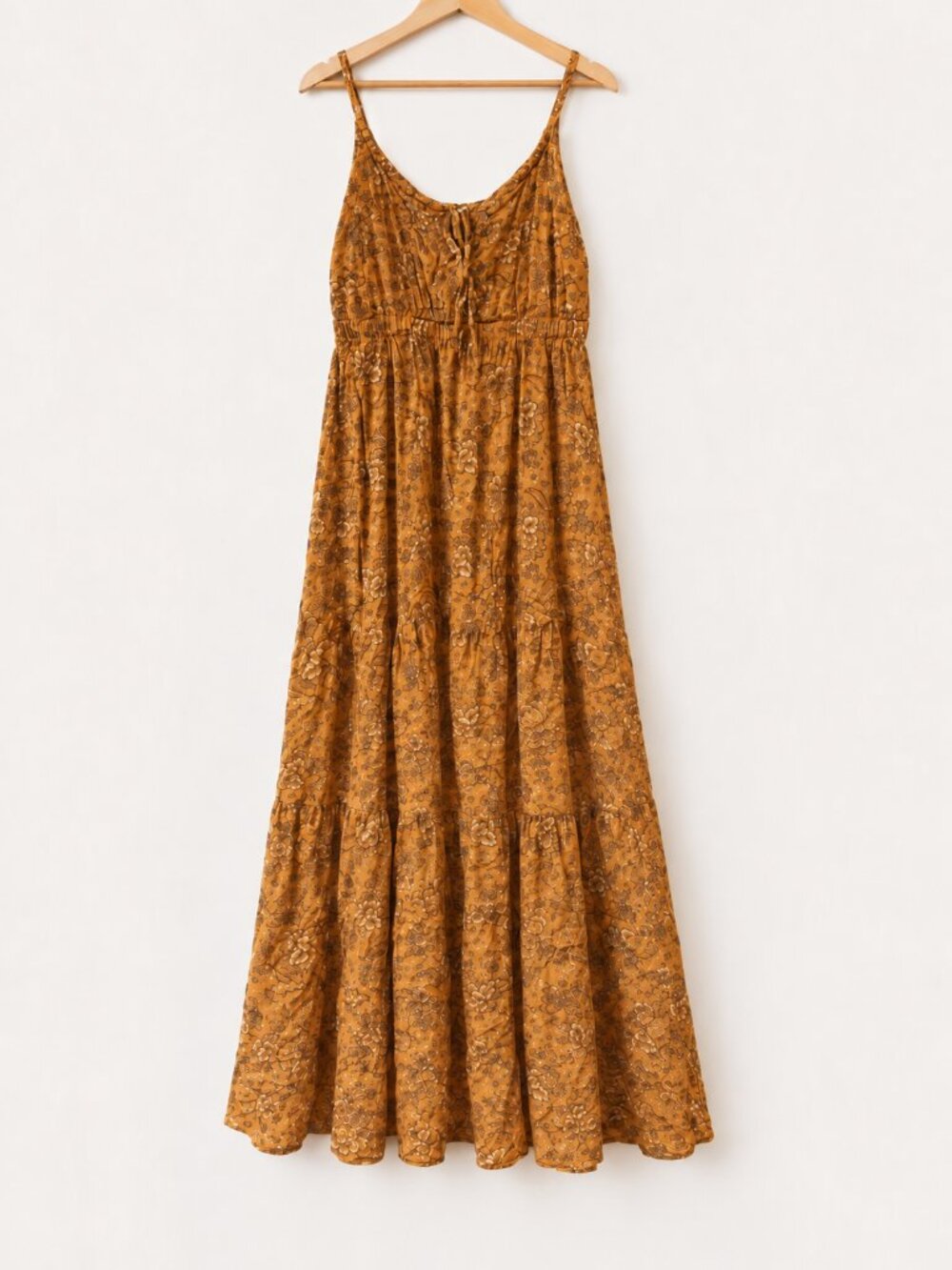 Dex 1X Mustard Floral Maxi Dress Boho Cottagecore Tie Front Plus Size